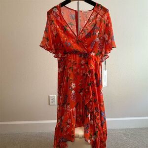 Calvin Klein Women's Floral Chiffon Hi-Low Dress Orange Size 4